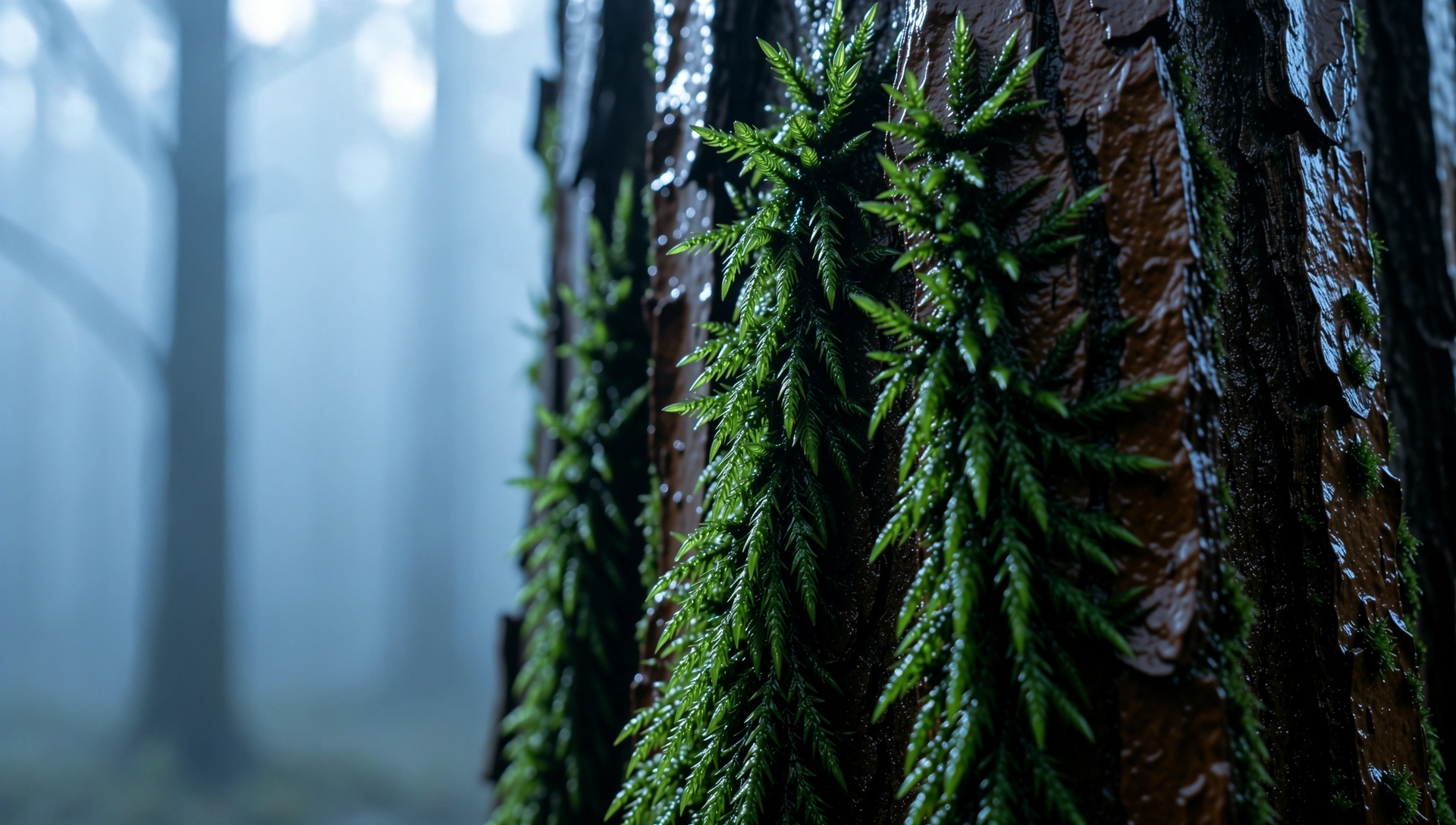 Macro-Nahaufnahme von feuchter Zedernrinde im Nebel